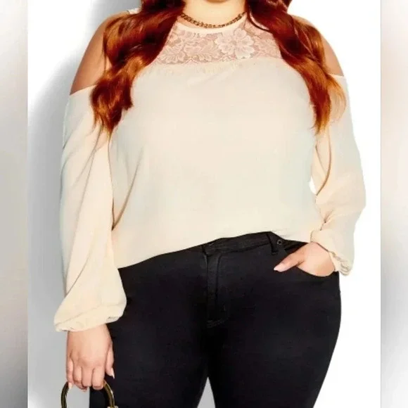 NWT City Chic Natalia Top in Buff, Cold-Shoulder, Lace Detail, Flowy, Size 16. - Picture 6 of 7